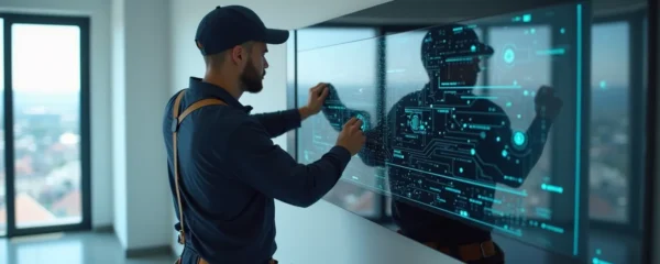 Technicien professionnel installant un système de sûreté moderne dans un bâtiment sécurisé