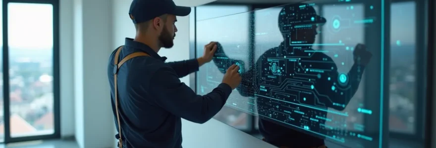 Technicien professionnel installant un système de sûreté moderne dans un bâtiment sécurisé
