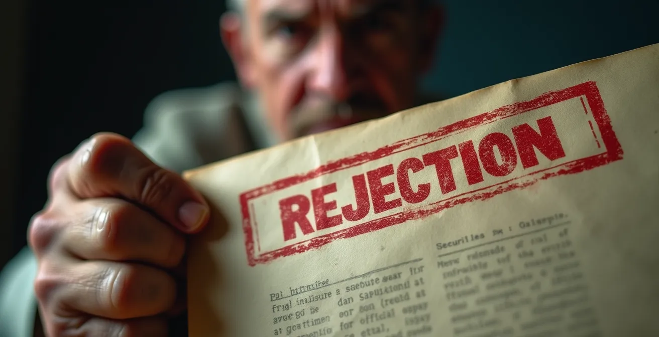 Gros plan sur une main tenant un document officiel de refus avec cachet rouge visible, expression préoccupée floue en arrière-plan