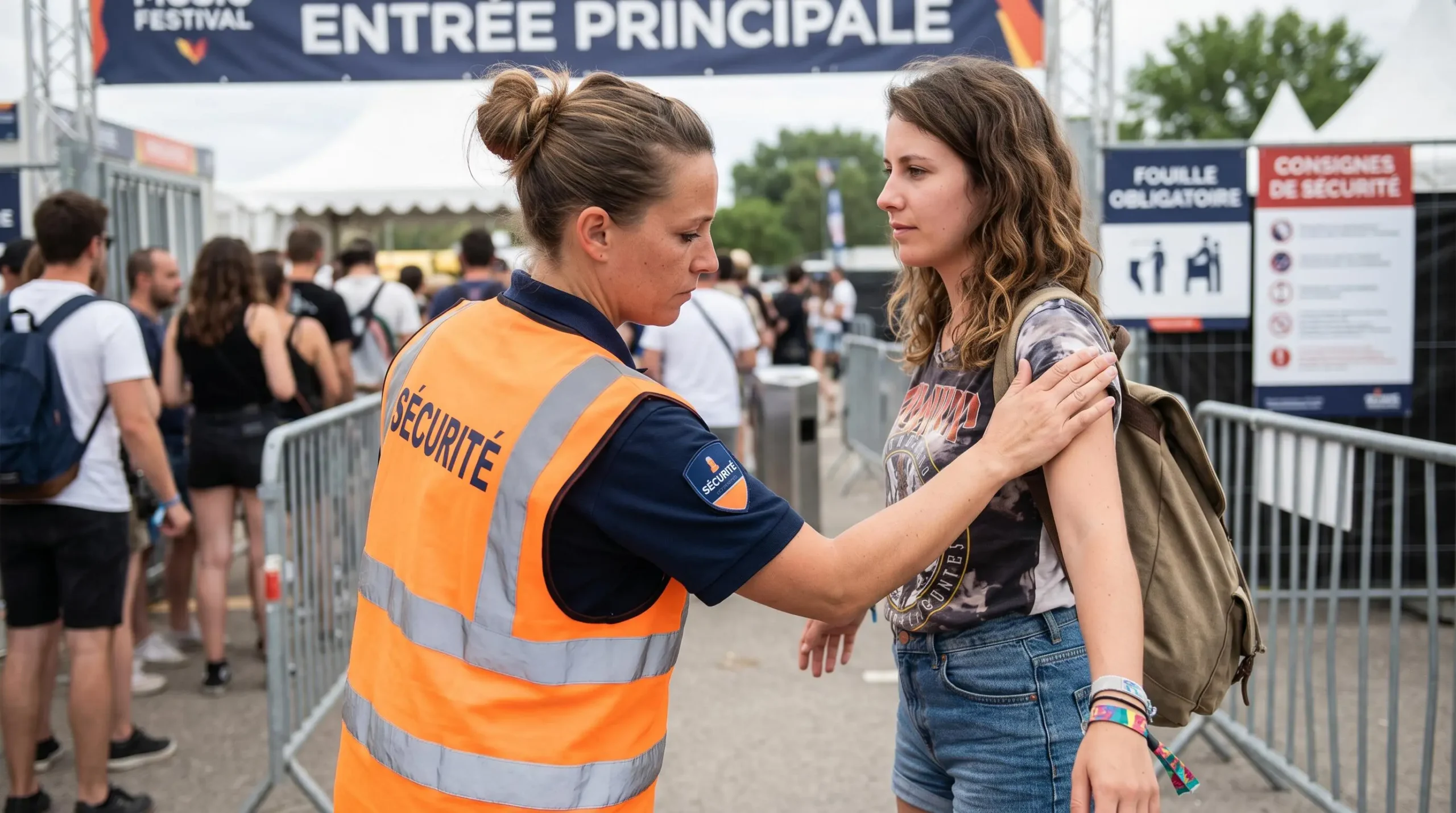Agent de sécurité féminine effectuant une palpation externe conforme sur une participante à l'entrée d'un festival, geste professionnel sur vêtement uniquement
