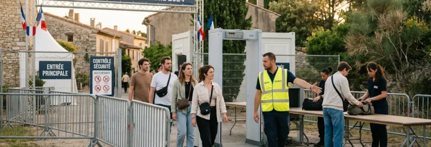 Point de contrôle sécurisé à l'entrée d'un festival musical en France, avec portique détecteur de métaux et agent de sécurité en gilet haute visibilité guidant des festivaliers dans une ambiance professionnelle et détendue