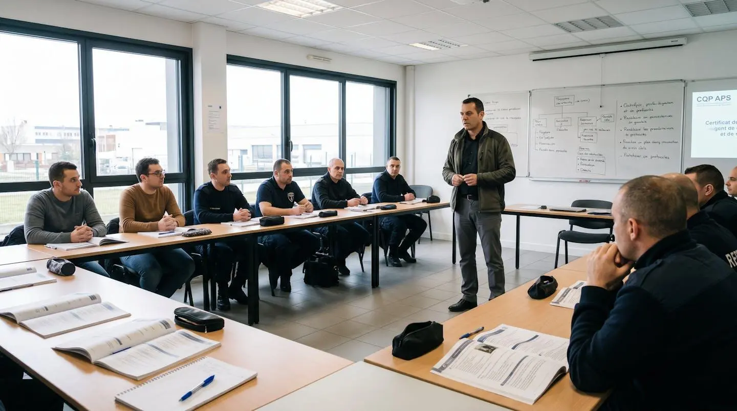 Salle de formation professionnelle CQP APS en France avec formateur et groupe de stagiaires agents de sécurité, documents et tableau pédagogiques visibles